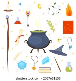 Wizard with magic attributes on white background vector illustration. Collection of magical symbols. Set of magician tools and male wizard character.