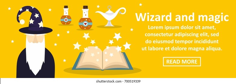 Wizard and magic banner horizontal concept. Flat illustration of wizard and magic banner horizontal vector concept for web