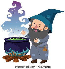 Wizard and magic brew on white background illustration