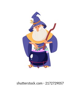 Wizard with a magic cauldron. Cartoon illustration of an elderly bearded sorcerer cooking a bubbling magic potion in a cauldron isolated on a white background. Vector 10 EPS.