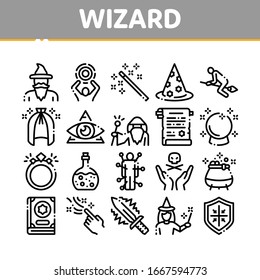 Wizard Magic Equipment Collection Icons Set Vector. Wizard Wand And Hat, Sphere And Knife, Book And Ring, All-seeing Eye And Doll Concept Linear Pictograms. Monochrome Contour Illustrations