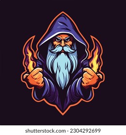 wizard magic fire head e sport logo badge vector illustration