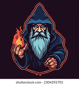 wizard magic fire head e sport logo badge vector illustration