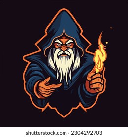 wizard magic fire head e sport logo badge vector illustration