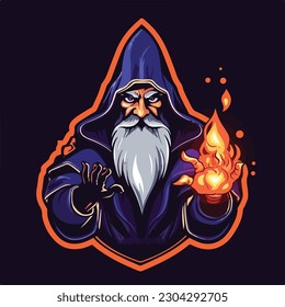 wizard magic fire head e sport logo badge vector illustration