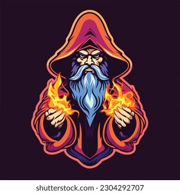 wizard magic fire head e sport logo badge vector illustration