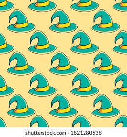 Wizard magic hat, seamless pattern on yellow background.