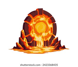 Wizard magic lava stone portal teleport fantasy world, circle doorway entrance arch parallel room, burning magma, gate to hell vector illustration