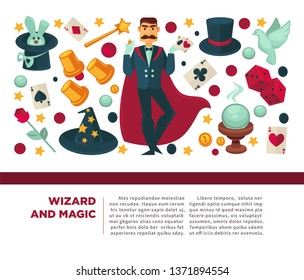 Wizard and magic man with magical attributes and elements vector magician surrounded by bird and rabbit stars and hats glass for future prediction poster with text sample and cards cubes set