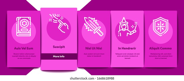 Wizard Magic Onboarding Mobile App Page Screen Vector. Wizard Wand And Hat, Sphere And Knife, Book And Ring, All-seeing Eye And Doll Concept Linear Pictograms. Color Contour Illustrations
