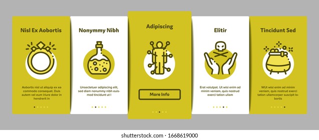 Wizard Magic Onboarding Mobile App Page Screen Vector. Wizard Wand And Hat, Sphere And Knife, Book And Ring, All-seeing Eye And Doll Concept Linear Pictograms. Color Contour Illustrations