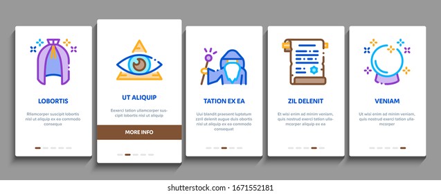 Wizard Magic Onboarding Mobile App Page Screen Vector. Wizard Wand And Hat, Sphere And Knife, Book And Ring, All-seeing Eye And Doll Concept Linear Pictograms. Color Contour Illustrations