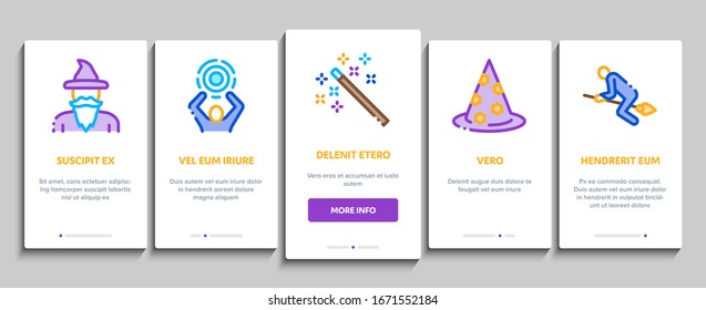 Wizard Magic Onboarding Mobile App Page Screen Vector. Wizard Wand And Hat, Sphere And Knife, Book And Ring, All-seeing Eye And Doll Concept Linear Pictograms. Color Contour Illustrations