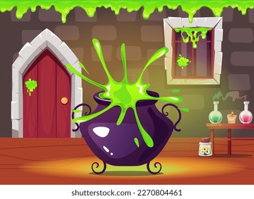 Wizard magic potion alchemist laboratory explosion concept. Vector graphic design element illustration