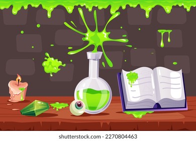 Wizard magic potion alchemist laboratory explosion concept. Vector graphic design element illustration
