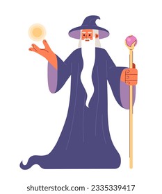 Wizard with magic powers semi flat color vector character. Editable full body old man in mage robe show magic power on white. Simple cartoon spot illustration for web graphic design