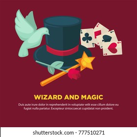 Wizard and magic promotional poster with attributes for tricks