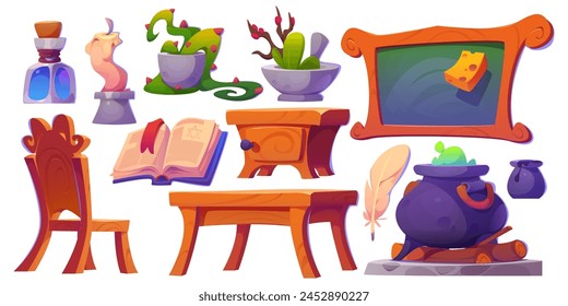 Wizard magic school room with witch book, potion cartoon vector set. Fairy tale classroom interior for medieval alchemist magician desk. Desk, chair, candle and cauldron for spell and wizardry craft