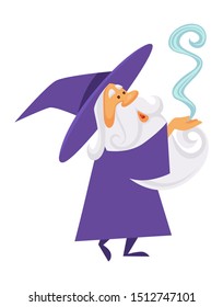 Wizard and magic smoke, old witch man, magician warlock isolated character vector. Medieval spelling, sorcerer or merlin, male witchcraft in hat and mantle. Mystery and charm, elderly with beard