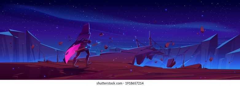 Wizard with magic spear walk to hanging rope bridge over abyss in mountains. Vector cartoon fantasy illustration with knight, traveler in medieval costume, magician man on cliff at night