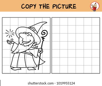 Wizard with a magic staff. Copy the picture. Coloring book. Educational game for children. Cartoon vector illustration