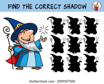 Wizard with a magic staff. Find the correct shadow. Educational matching game for children. Cartoon vector illustration