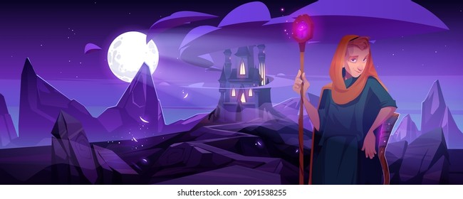 Wizard with magic staff stand at night landscape with fantasy castle under full moon. Fairy tale book or game personage, warlock, magician man wear long robe with hood, Cartoon vector illustration