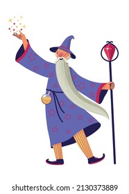 Wizard with magic staff. Vector illustration on white background