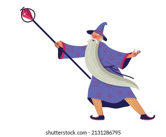 Wizard with magic staff. Vector illustration on white background