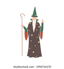 Wizard with Magic Stick and in Pointed Hat as Fabulous Medieval Character from Fairytale Vector Illustration