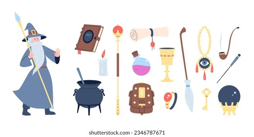 Wizard magic tools, wise old man in costume. Magical book, poison bottle and cartoon character. Isolated witchcraft flat recent vector clipart