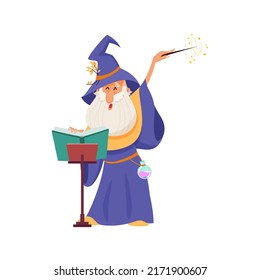 Wizard with a magic wand and book. Cartoon illustration of an elderly bearded magician casting a spell isolated on a white background. Vector 10 EPS.