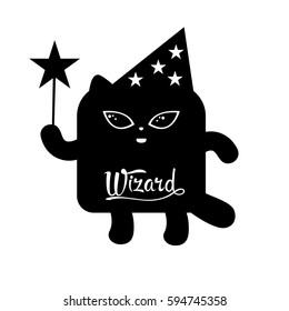 Wizard With Magic Wand, Decision Maker, Assistant Or Helper Icon. Cute Fairy Tale Character. Black And White Simple Graphic Design For Sticker, Card, T-shirt Prints