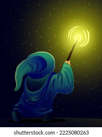 A wizard with a magic wand in his hand lights the way.