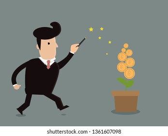 wizard with magic wand and money tree. Investments concept. Business vector illustration, flat cartoon style. 