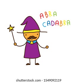 wizard with a magic wand, multicolored inscription abracadabra, simple children's illustration