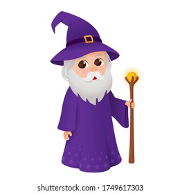 Wizard with magic wand, old cartoon magician fairytale character