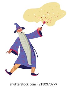 Wizard with magic wand. Vector illustration on white background