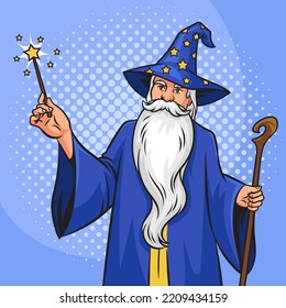 Wizard magician charmer old man fairy tale fabulous character with magic wand white beard and wizard hat pinup pop art retro vector illustration. Comic book style imitation.