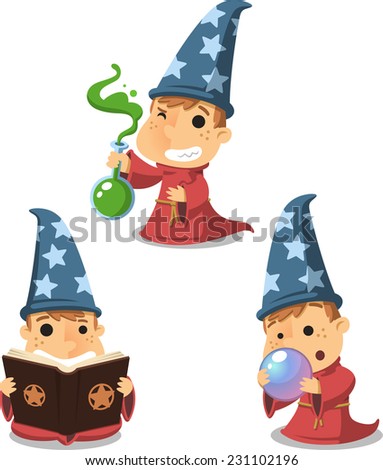 Wizard Magician Child with Potion Book, vector illustration cartoon. 