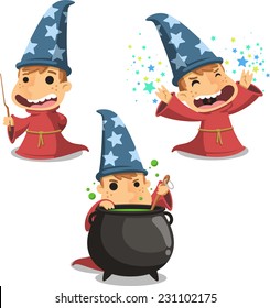 Wizard Magician Child, Vector Illustration Cartoon. 