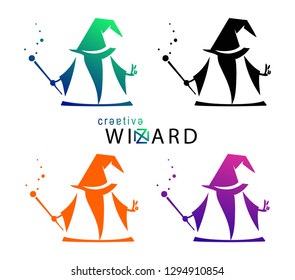 Wizard, magician, fantazy creative logo and icon,  multicolored graphic symbols. Vector illustration. For web use, logotype, mobile app, UI, UX