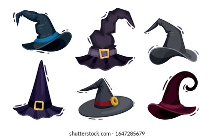 Wizard and Magician Hats with Pointed Top Vector Set