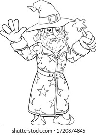 A Wizard Or Magician Like Merlin Cartoon Character Mascot Holding A Magic Wand Coloring Book Page
