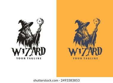 Wizard Magician logo design illustrations vector template ink drawing style	