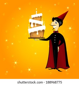 wizard magician man with birthday cake cartoon vector version