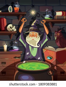 The wizard makes a magic potion in his laboratory