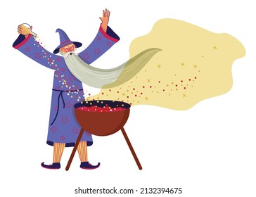 Wizard makes a magic potion in the pot. Elderly man in a mantle and hat with magical powers. Vector illustration.