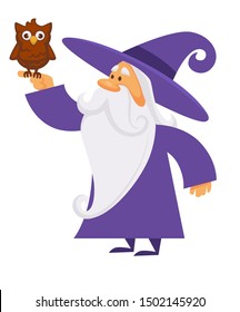 Wizard making magic and owl isolated character with animal vector. Elderly sorcerer or fairytale magician practicing wizardry. Wild forest bird and male witchcraft, elderly with beard, fairytale