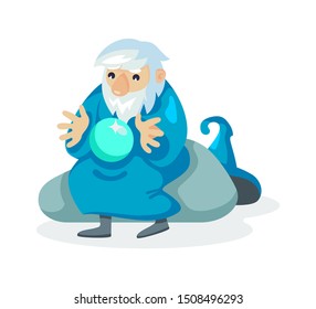 Wizard male character, mage, a sorcerer in a mantle and hat. Warlock conjures over magic ball. Concept of magic and witchcraft. Wizard male cartoon vector illustration isolated.